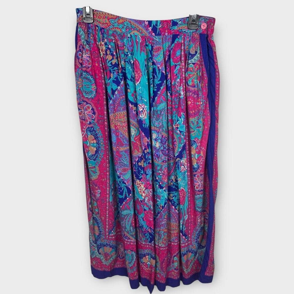 Vintage Colorful Paisley Scarf Print Pleated Pull On Midi Skirt‎ Size 8 Medium